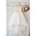 Cap Sleeves Ivory Lace Tulle Hi Low Wedding Party Flower Girl Dress with V Back/Beading