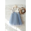 Dusty Blue Tulle Beaded Lace Wedding Flower Girl Dress 