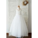 Ankle Length Ivory Lace Tulle 3D Flowers Wedding Flower Girl Dress with Big Bow