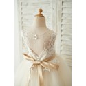 Ivory Lace Champagne Tulle Keyhole Back Wedding Party Flower Girl Dress with Belt