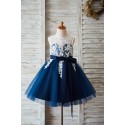Ivory Lace Navy Blue Tulle Wedding Flower Girl Dress with V Back