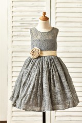 Grey Lace Flower Girl Dress with champagne sash/flower 