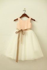 Blush Pink/Gold Sequin Ivory Tulle Flower Girl Dress with navy/champagne sash