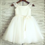 Ivory Lace Cap Sleeves Tulle Flower Girl Dress with ivory sash