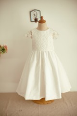Ivory Lace Cotton Cap Sleeves Wedding Flower Girl Dress with Bow