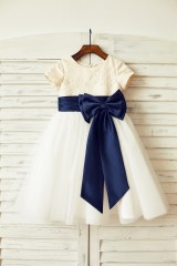 Ivory lace Tulle Flower Girl Dress with short sleeves/big navy blue bow 