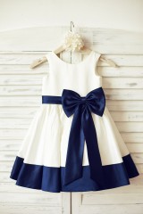 Ivory Satin Flower Girl Dress with navy blue belt/bow 