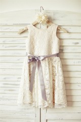 Ivory Lace Champagne lining Flower Girl Dress with silver sash