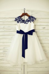 Navy Blue Lace Ivory Satin Organza Flower Girl Dress with navy sash