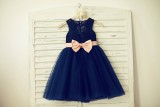 Navy Blue Lace Tulle Flower Girl Dress Keyhole Back with Blush Pink Bow Belt