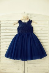 Sheer Neck Navy Blue Lace Tulle Flower Girl Dress 