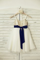Thin Straps Champagne Sequin Tulle Flower Girl Dress with navy blue belt 