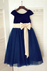  Navy Blue Velvet Tulle Cap Sleeve Wedding Flower Girl Dress with Champagne Sash\Bow