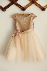 Cap Sleeves Champagne Sequin Tulle Wedding Flower Girl Dress with belt