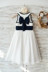 Ivory Chiffon Wedding Flower Girl Dress Junior Bridesmaid Dress with Navy Blue Bow