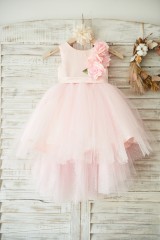 Hi-low Pink Dot Tulle Wedding Flower Girl Dress with 3D Flowers