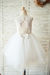 Ivory Lace Tulle Keyhole Backless Wedding Flower Girl Dress 