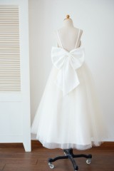 Spaghetti Straps Ivory Lace Champagne Tulle Backless Wedding Flower Girl Dress with Big Bow