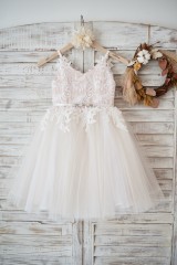 Ivory lace Tulle Spaghetti straps Wedding Flower Girl Dress with Beaded Belt