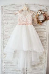 Cap Sleeves Ivory Lace Tulle Hi Low Wedding Party Flower Girl Dress with V Back/Beading