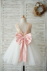 Gold Sequin Ivory Tulle V Back Wedding Flower Girl Dress with Pink Lace belt