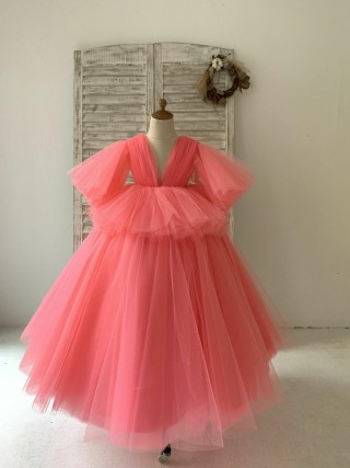 Fluffy Sleeves V Neck Coral Yellow Tulle Wedding Flower Girl Dress Kids Princess Party Dress
