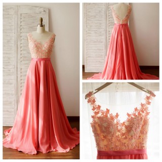 A Line Coral Chiffon Lace Illusion V Back Prom Evening Dress with Chapel Train