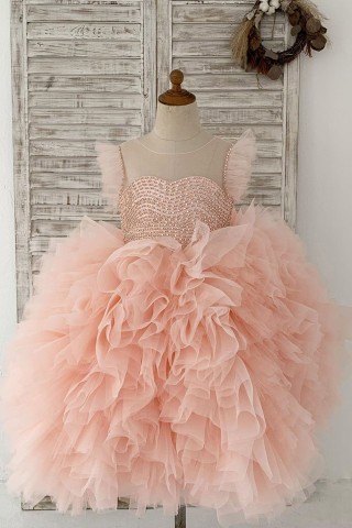 Fluffy Sleeves Beaded Pink Tulle Organza Wedding Flower Girl Dress Kids Party Dress