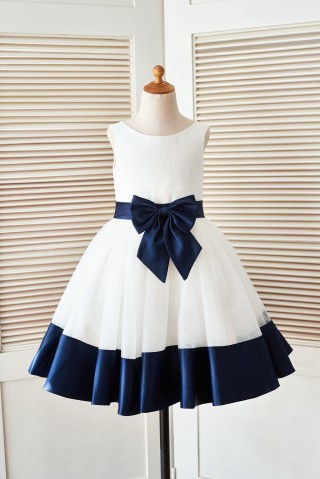 Ivory Satin Tulle Flower Girl Dress with Navy Blue Belt\Bow