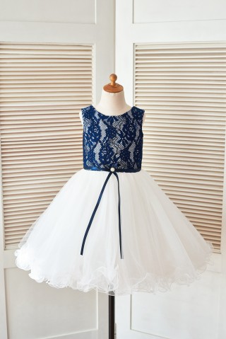  Navy Blue Lace Ivory Tulle Wedding Flower Girl Dress with Curly Hem