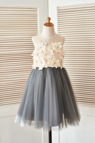  Sheer Illusion Neck Gray Tulle Wedding Flower Girl Dress with Champagne 3D Flowers