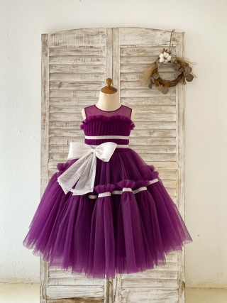 Princess Sheer Neck Pleated Purple Tulle Wedding Flower Girl Dress Kids Party Dress with Bow