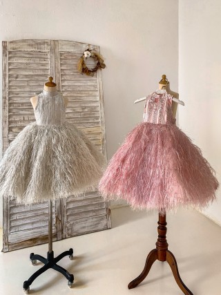 Pink/Silver Gray Jacquard Feather High Neck Wedding Party Flower Girl Dress