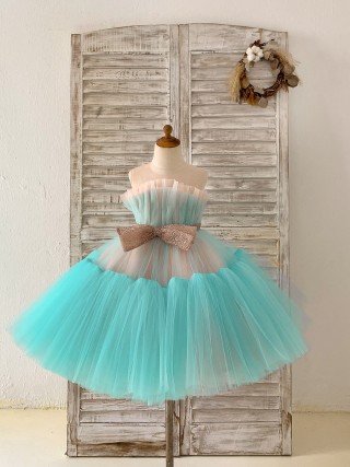 Princess Sheer Neck Pink/Blue Tulle Wedding Flower Girl Dress Kids Party Dress with Ruffles