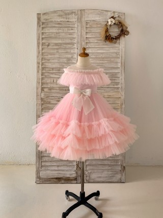 Princess Sheer Neck Pink Ruffle Tulle Wedding Flower Girl Dress Kids Party Dress with Glittering Bow