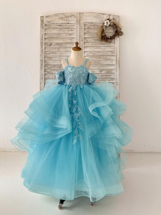 Blue Lace Tulle Off Shoulder Beaded Straps Wedding Flower Girl Dress Kids Party Dress Ball Gown with Horsehair