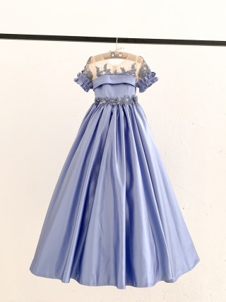 Short Sleeves Sheer Neck Light Blue Satin Wedding Flower Girl Dress Kids Party Dress, Beaded Lace