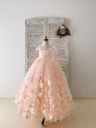 Blush Pink 3D Lace Flower Tulle Off Shoulder Wedding Flower Girl Dress Kids Party Dress