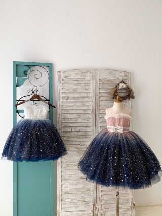 Ombre Pink/Navy Star Tulle Wedding Flower Girl Dress Kids Party Dress