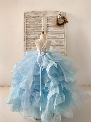 Beaded Butterfly Blue Ruffle Tulle Wedding Flower Girl Dress Princess Ball Gown Kids Party Dress