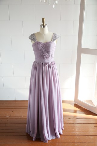 Beaded Cap Sleeves Purple Long Chiffon Bridesmaid Dress
