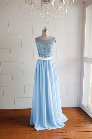 Illusion Neck Blue Lace Chiffon Prom Dress