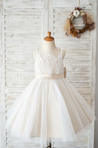  Spaghetti Straps Ivory Lace Tulle Wedding Flower Girl Dress with Champagne Lining