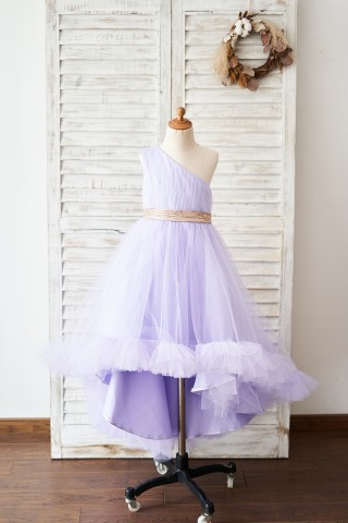 One Shoulder Hi-Low Lavender Tulle Wedding Flower Girl Dress