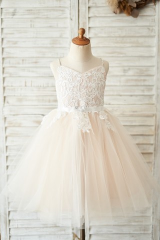 Spaghetti straps Ivory lace Peach Pink Tulle V Neck Wedding Flower Girl Dress