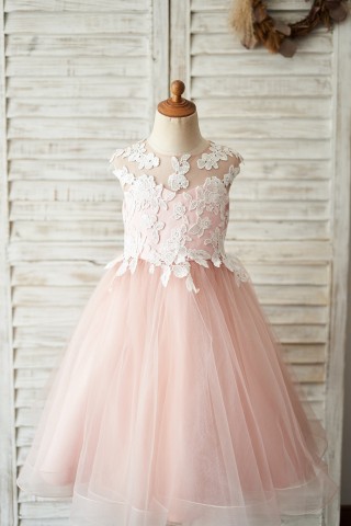Mauve Tulle Ivory Lace Keyhole Back Wedding Flower Girl Dress Princess Kids Party Dress