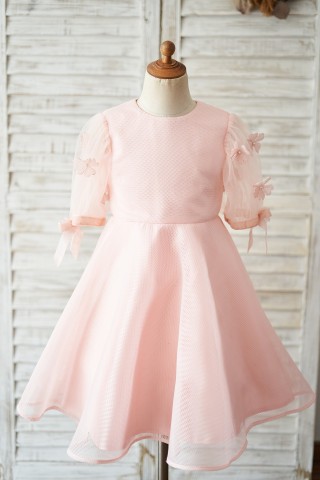 Pink Neoprene Short Sleeves Wedding Flower Girl Dress