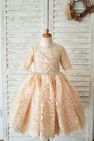 Gold Lace Pink Lining Short Sleeves V Back Wedding Flower Girl Dress
