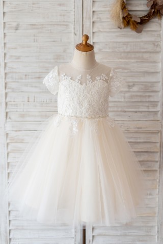 Short Sleeves Ivory Lace Champagne Tulle Wedding Flower Girl Dress