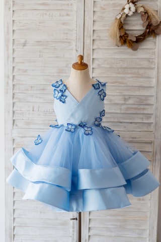 V Neck Blue Satin Butterfly  Wedding Flower Girl Dress with Horsehair Hem